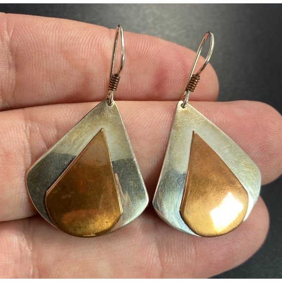 Vintage 925 Copper Dangle Earrings Sterling Teardrop Hook Fine - Picture 5 of 7